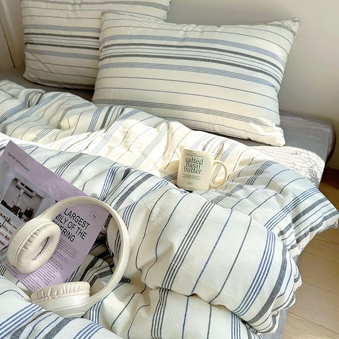 EAVD Vintage Blue Grey and White Striped Duvet Cover Twin Soft 100% Cotton Chic Stripes Bedding Set with 2 Pillowcases Retro Geometric Duvet Cover with Zipper Closure Corner Ties