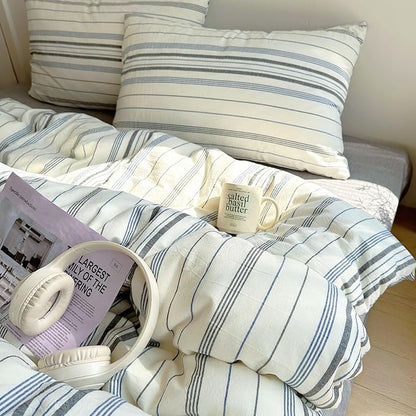 EAVD Vintage Blue Grey and White Striped Duvet Cover Full Soft 100% Cotton Chic Stripes Bedding Set with 2 Pillowcases Retro Geometric Duvet Cover with Zipper Closure Corner Ties