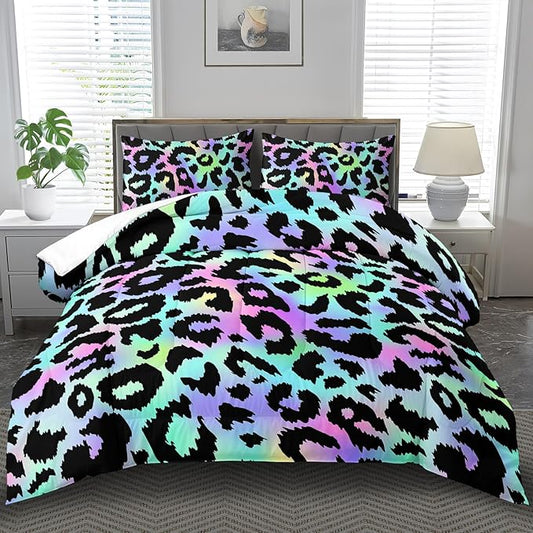 Rainbow Leopard Print Comforter Set King Girls Colorful Cheetah Comforter King Animal Leopard Print Bedding Set Women Purple Cheetah Bedding Quilt Bedroom Decor