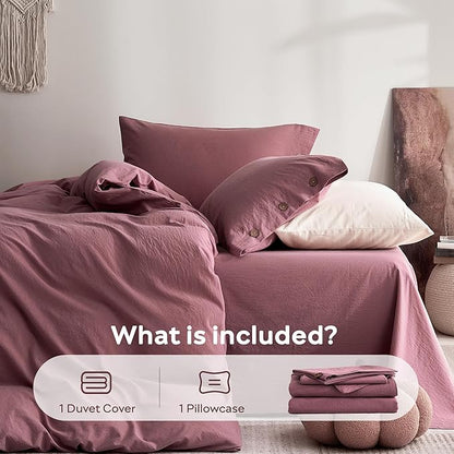 JELLYMONI 100% Washed Cotton Duvet Cover Twin – Soft, Breathable Linen-Look Bedding with Natural Wrinkle Texture, Button Closure, 2-Piece Set (Deep Rose, 68"x90")