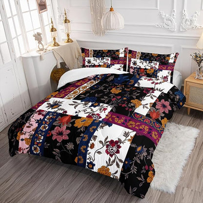 Boho Floral Comforter Set King Size Checkered Flower Bedding Sets 3PCS for Kids Teen Adult Retro Flowers Room Decor Ultra-Soft Lightweight Microfiber 1 Comforter with 2 Pillowcases