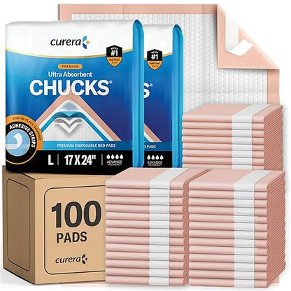 Chucks Premium Disposable Underpads 17”x24” [100-Count] Ultra Absorbent Chux Incontinence Bed Pads with Adhesive Tape for Adults, Baby Changing, Travel, and Pet Training – 17x24 Bulk Pack