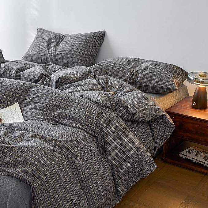 EAVD Vintage Style Grey Plaid Gingham Duvet Cover Twin 100% Washed Cotton Like Linen Feel Soft Grid Plaid Bedding Set with 2 Pillowcases Farmhouse Grid Geometric Pattern Duvet Cover with Zipper