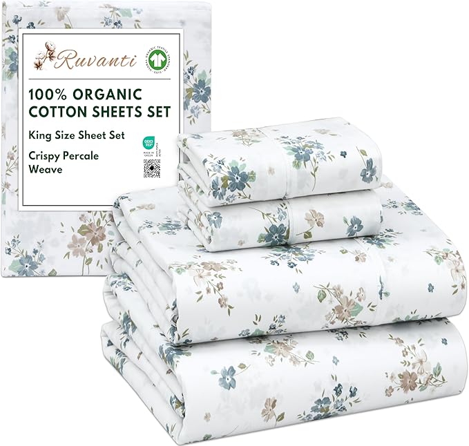 RUVANTI 100% Organic Cotton Sheets King Size, Percale Weave, GOTS Certified, 4-Piece Set, Deep Pocket 15", Crisp & Breathable, Soft Durable Bedding, Sábanas Algodón Orgánico – Halcyon