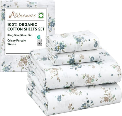 RUVANTI 100% Organic Cotton Sheets King Size, Percale Weave, GOTS Certified, 4-Piece Set, Deep Pocket 15", Crisp & Breathable, Soft Durable Bedding, Sábanas Algodón Orgánico – Halcyon