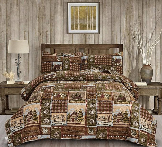 Moose Bear Quilt Set Twin Size Rustic Cabin Bedding Set Plaid Reversible Quilts Home Lodge Bedspread Coverlet Wildlife Bears Pine Tree Bedding Woodland Plaid Patchwork Quilted Bed Spread Country Decor