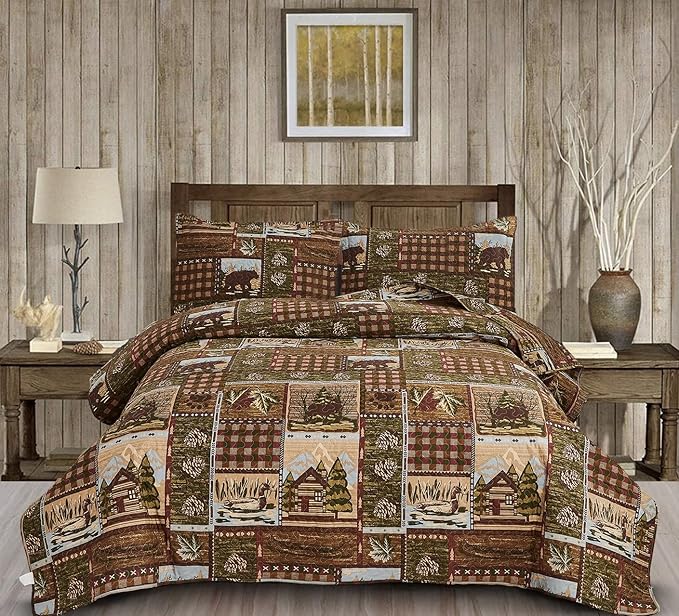 Moose Bear Quilt Set King Size Rustic Cabin Bedding Set Plaid Reversible Quilts Home Lodge Bedspread Coverlet Wildlife Bears Pine Tree Bedding Woodland Plaid Patchwork Quilted Bed Spread Country Decor