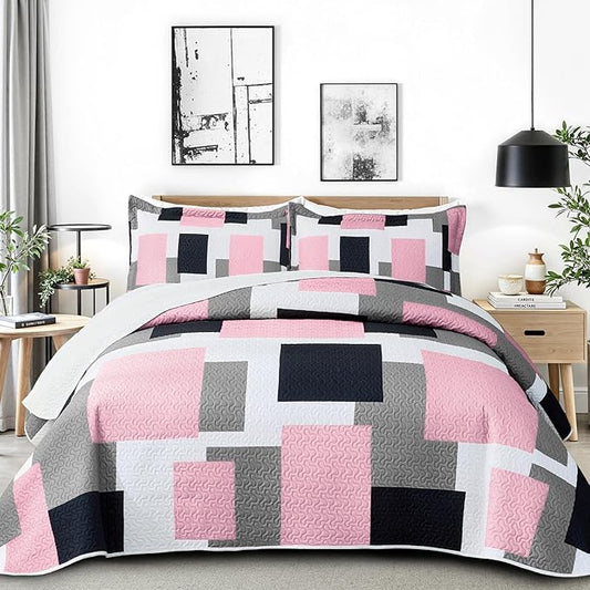 3 Piece Pink Grey Quilt Set California King Size Pink Gray White Geometric Reversible Bedding Set Microfiber Lightweight Bedspread Coverlet with 2 Shams Bed Cover for All Season, 118''x106''