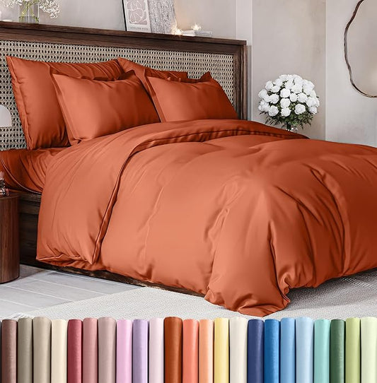 Duvet Cover Full Size Set - Extra Soft Full Duvet Cover 80" x 90" with 2 Pillow Shams - Hotel Luxury, Easy Care & Fade Free w/ Zipper Closures & Ties - All Season, Comfy and Breathable (Terracotta)