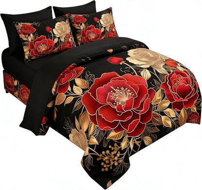 Vintage Floral Full Size Bed in A Bag for Girls, 7Pcs Modern Black Red Bedding Set, Farmhouse Botanical Quilted Comforter with 2 Pillowcases+1 Flat Sheet+1 Fitted Sheet+2 Pillowshams