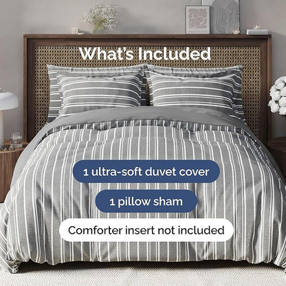 Duvet Cover Twin/Twin XL Size Set - Extra Soft Twin/Twin XL Duvet Cover 68" x 90" with 1 Pillow Sham - Hotel Luxury, Easy Care, Fade Free w/ Zipper Closures & Ties - Comfy & Breathable (Grey Stripes)