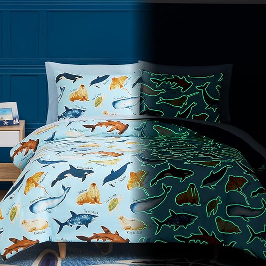 Full Size Comforter Set for Boys-7 Pieces Ocean Animals Glow in the Dark Full Bedding Sets for Kids, Ultra Soft Bed in A Bag with Sheets