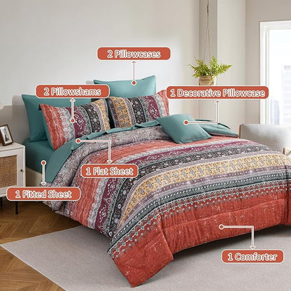 Cottolester Boho King Size Comforter Set 8 Pieces, Orange and Green Bohemian Striped Bed in a Bag, Paisley Soft Microfiber Bedding Comforter Set