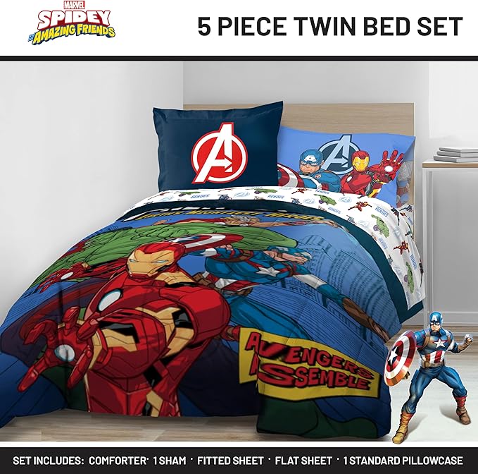 Jay Franco Kids Comforter Set Includes Sheets and Pillow Covers - Soft and Cozy Bed Set for Stylish Room Decor, Official Licensed Bedding, Blue - Avengers, 5 Piece Twin