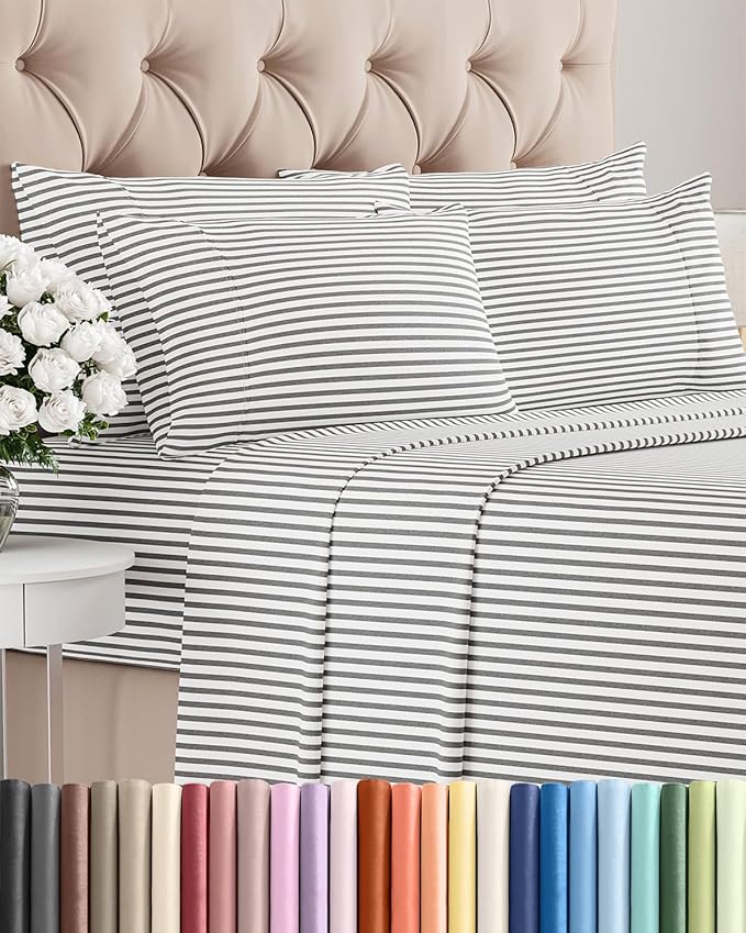 King 6 Piece Sheet Set - Comfy Breathable & Cooling - Soft Hotel Luxury Bedding Set with 8-16 Inch Deep Pockets - 1 Flat & 1 Fitted Sheet & 4 Pillowcases - Wrinkle Free & Easy Care - Grey Stripes 2