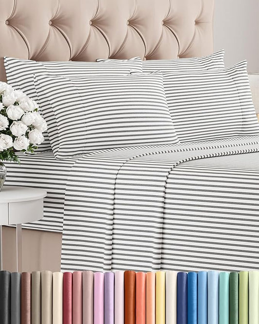 Full 6 Piece Sheet Set - Comfy Breathable & Cooling - Soft Hotel Luxury Bedding Set with 8-16 Inch Deep Pockets - 1 Flat & 1 Fitted Sheet & 4 Pillowcases - Wrinkle Free & Easy Care - Grey Stripes 2