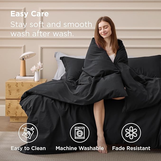 Bedsure 100% Washed Cotton Duvet Cover Queen Size - Black Minimalist Bedding Set Linen Like - PureWoven Plain Simple & Soft Comforter Cover for All Seasons (Black, Queen, 90"x90")