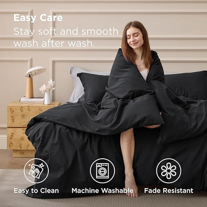 Bedsure 100% Washed Cotton Duvet Cover King Size - Black Minimalist Bedding Set Linen Like - PureWoven Plain Simple & Soft Comforter Cover for All Seasons (Black, King, 104"x90")