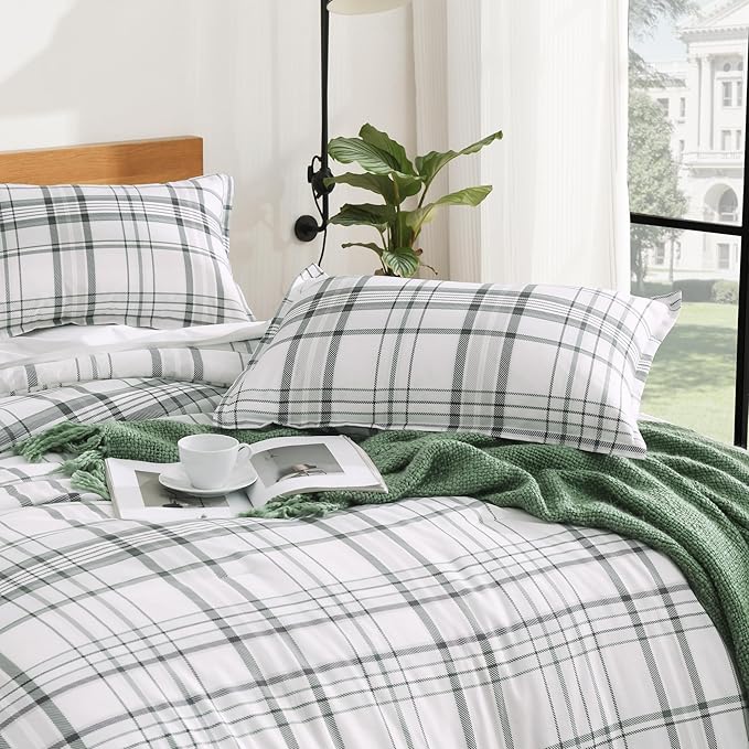 Andency Green White Plaid Comforter Set Full(79x90Inch), 3 Pieces Preppy Grid Gingham Stripes Bedding Comforter Sets for Boys Girls Kids Teens, Green Line Soft Lightweight Geometric Reversible Bed Set