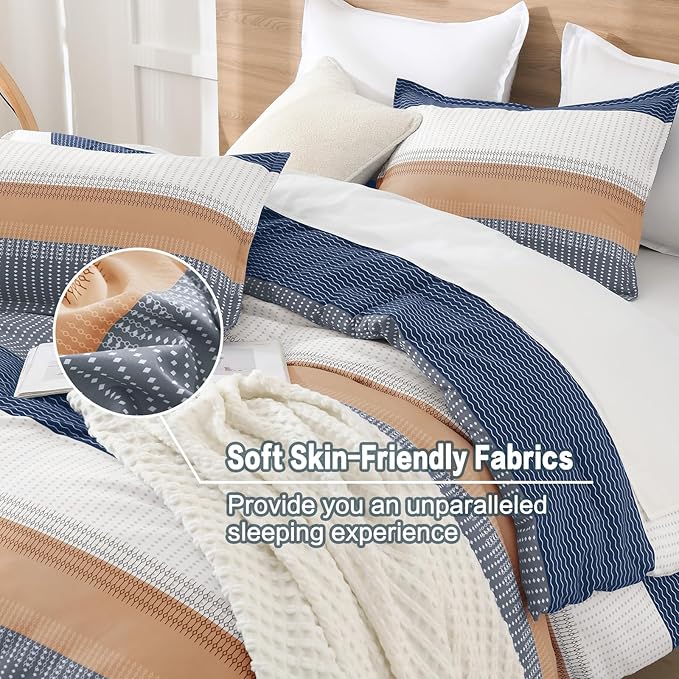 Litanika Comforter Set - Lightweight Quilt Bedding Comforter Sets, Colorblock Stripe Fluffy Bed Set, All Season Down Alternative, Queen Orange Blue
