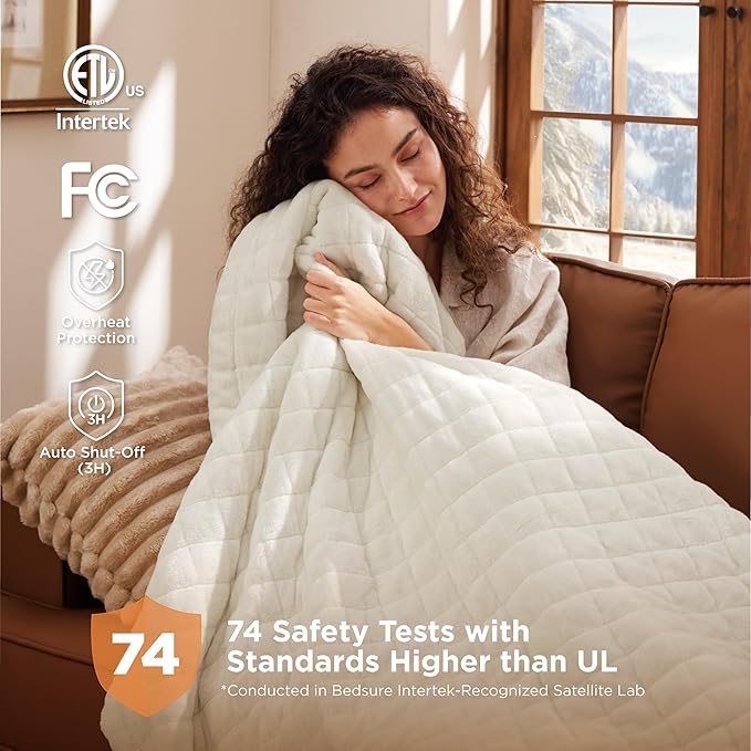 Bedsure Heated Blanket Throw Blanket - Quilted Electric Blanket, Soft Flannel Thick Heating Blanket with 4 Time Settings & 6 Heating Settings, Warm Gifts for Women Men (50x60 inches, Ivory)