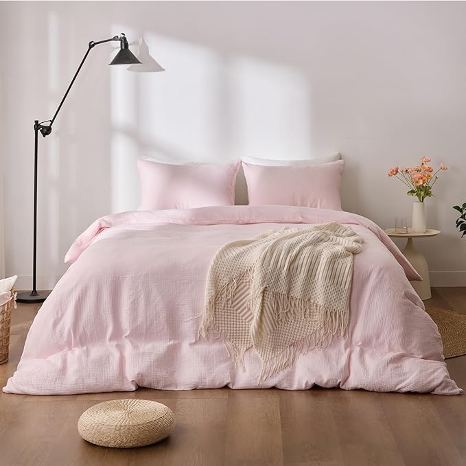 RRENEWROOTS Pink Twin Duvet Cover, 100% Sandwashed Cotton Soft Twin Size Duvet Cover Set 3 Pieces with Zipper Clousre & Corner Buttons (Pink, Twin 69 x 90)