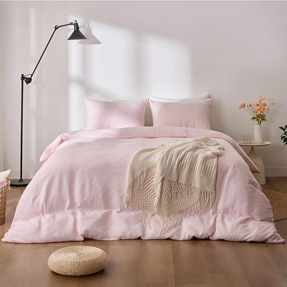 Pink Duvet Cover Queen Size, 100% Sandwashed Cotton Soft Queen Duvet Cover Set 3 Pieces with Zipper Clousre & Corner Buttons (Pink, Queen 90 x 90)