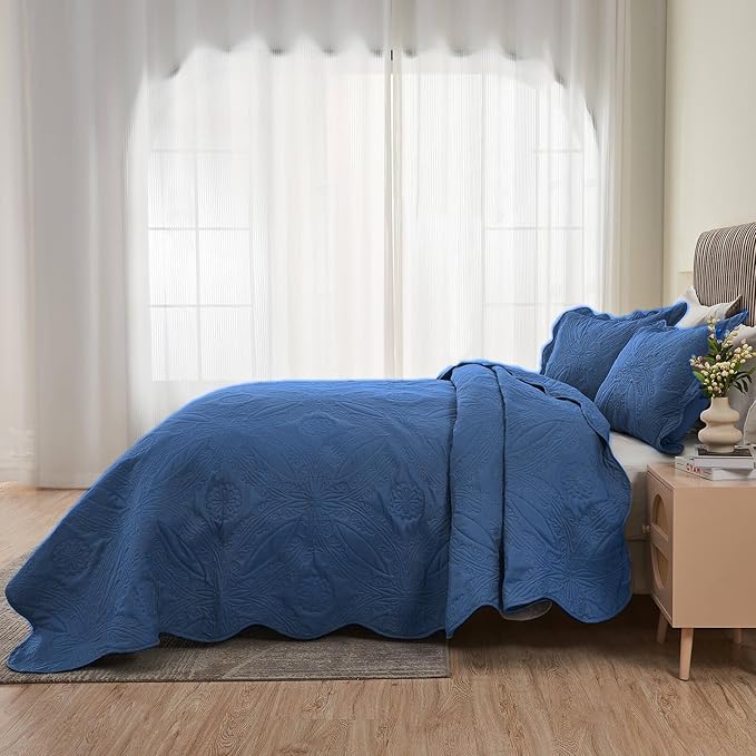 Kingnex Oversized King Bedspreads 128x120 for Extra Wide Tall King or Cal King Bed Ultrasonic Quilted Coverlet Set 3 Piece Include 1 Quilt 2 Pillowcases Navy