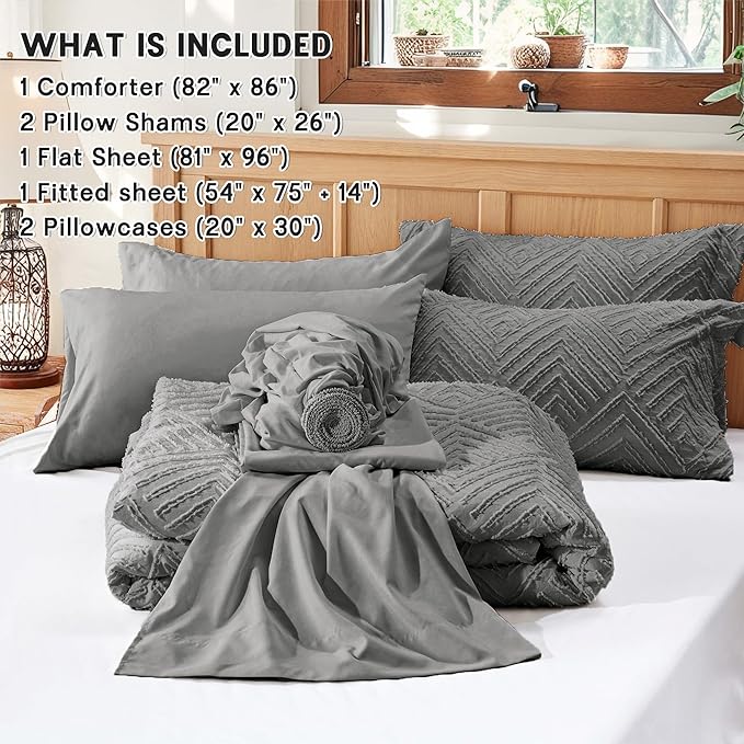 Zzlpp Full Comforter Set 7 Pieces, Dark Grey Tufted Bed in a Bag with Comforter and Sheets, All Season Boho Bedding Sets with Comforter, 2 Pillow Shams, 2 Pillowcases, 1 Flat Sheet, 1 Fitted Sheet