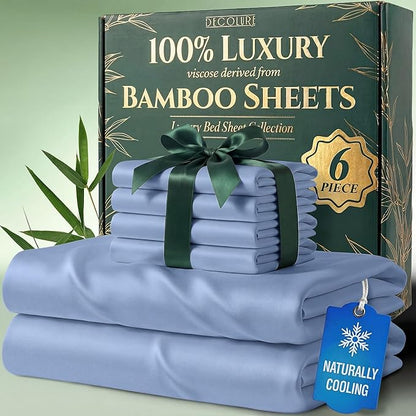 DECOLURE 100% Viscose Derived from Bamboo Sheets Full Size - Luxury 6 Pc Naturally Cooling Sheets, Ultra Soft Bed Set - Deep 17" Pockets, Durable Double Stitching, Oeko Tex Standard (Light Blue)