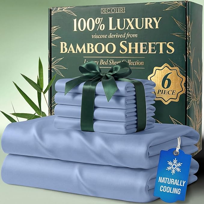 DECOLURE 100% Viscose Derived from Bamboo Sheets Queen Size - Luxury 6 Pc Naturally Cooling Sheets, Ultra Soft Bed Set - Deep 17" Pockets, Durable Double Stitching, Oeko Tex Standard (Light Blue)