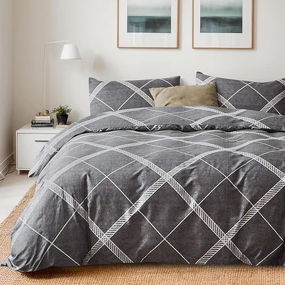 TOCOMOA Plaid Duvet Cover Set 100% Natural Cotton Soft Comfy Breathable 3 Piece Grey and White Striped Pattern Printed Comforter Cover Bedding Set (King 104"x90", Comforter Not Included)
