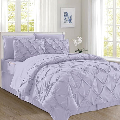 Elegant Comfort 8-Piece Pinch Pleated Comforter Set - All Season Complete Bed in a Bag, Includes 4pc Smart Sheet Set, Bed Skirt, Comforter, Matching Pillowcases and Shams, Twin/Twin XL, Lavender
