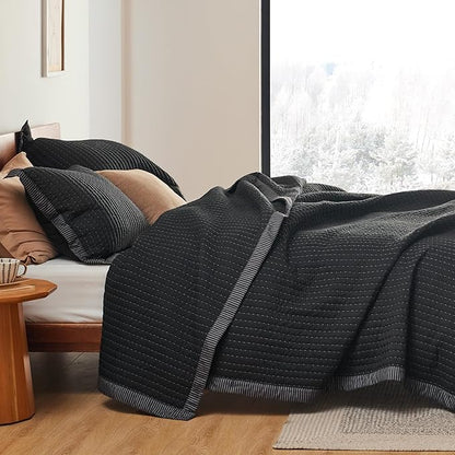 Bedsure Black Quilts Queen Size - Queen Quilt Bedding Set Bedspread Coverlet, Lightweight Corduroy Pattern Bedspread, 3-Piece Set with 90"x96" Coverlet & 2 Pillow Shams, All-Season Soft Microfiber