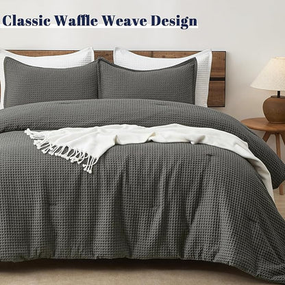 PHF Ultra Soft Waffle Weave Comforter Set King Size, 3 Pieces Lightweight Breathable Comfy Bedding Set, Comfy Textured 1 Comforter with 2 Pillow Shams, Grey