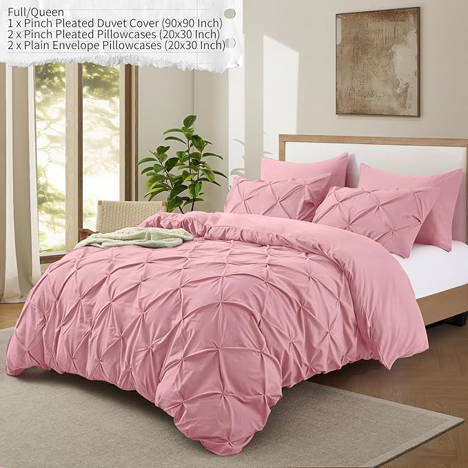 VACVELT 5 Piece Pinch Pleated Duvet Cover Full/Queen Size Set, Pink Pintuck Duvet Cover with Zipper & 8 Ties, Shabby Chic Microfiber Duvet Cover + 2 Pillow Shams + 2 Pillowcases, No Comforter