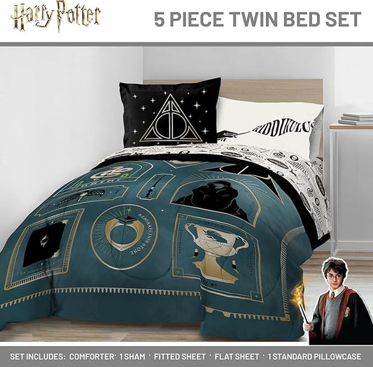 Jay Franco Kids Comforter Set Includes Sheets and Pillow Covers - Soft and Cozy Bed Set for Stylish Room Decor, Blue - Harry Potter, 5 Piece Twin Size Bedding