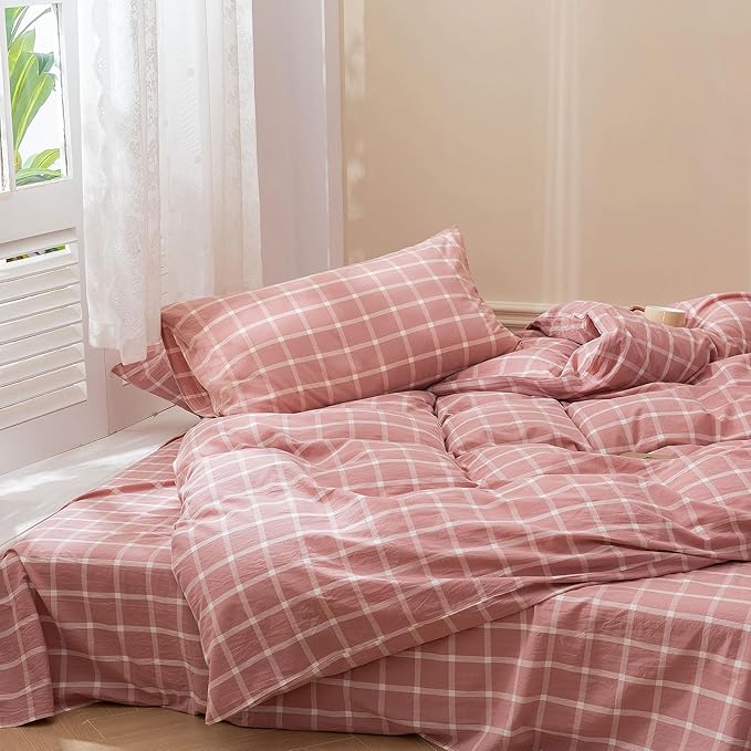 EAVD Modern Style Pink Plaid Duvet Cover Queen Soft Cotton Pink and White Grid Plaid Bedding Set with 2 Pillowcases Simple Checkered Geometric Duvet Cover with Zipper Closure