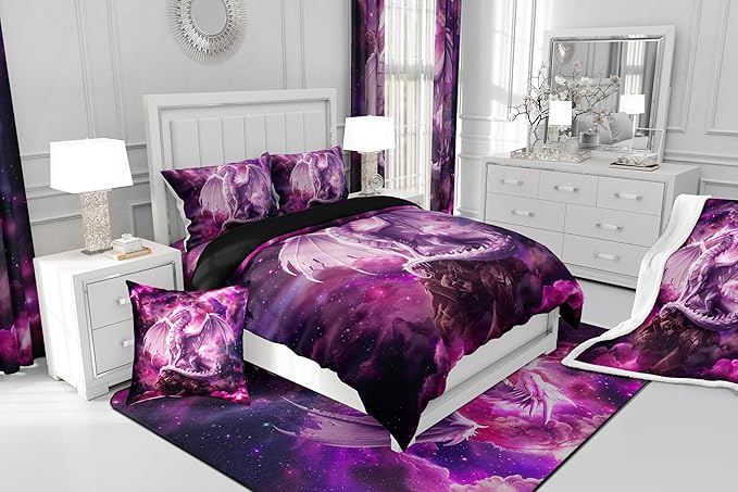 Dragon Kids Comforter Set King Size,Western Magical Dragon Bedding Set for Boys Teens Adults Room Decor,Animal Galaxy Nebula Duvet Insert 3Pcs,Glitter Starry Sky Wildlife Quilt Set,2 Pillowcases