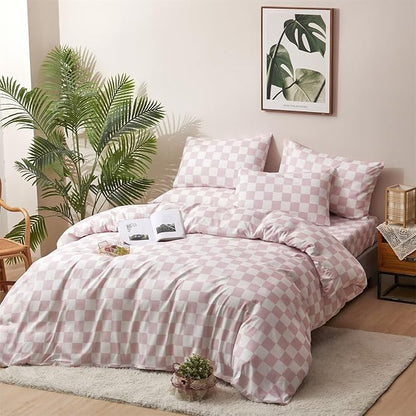 Houseri Pink Plaid Comforter Set Full White and Light Pink Buffalo Checkered Bedding Full Size Teen Girls Baby Pink Checkerboard Dorm Bed Quilt Soft Comfy Preppy Pale Pink Grid Comforters Full