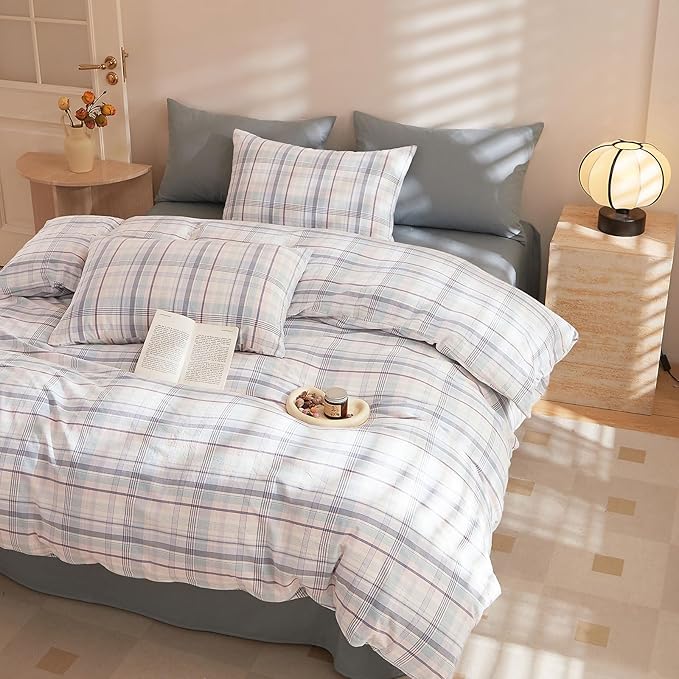 EAVD Colorful Gingham Duvet Cover Full Soft Washed Cotton Chic Grid Plaid Duvet Cover with 2 Pillowcases Modern Grid Checkered Bedding Set for Boys Girls Women Men Farmhouse Gingham Bedding Set