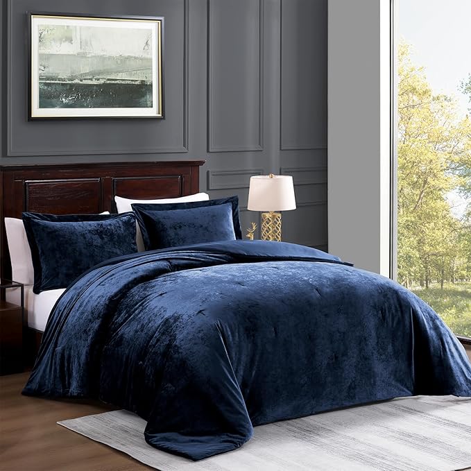 TAMGHO Navy Blue Velvet Comforter King Set 3pc, Blue Velvet Bedding King Size for All Seasons, 1 Comforter (108"x96") and 2 Pillow Shams (20"x36")