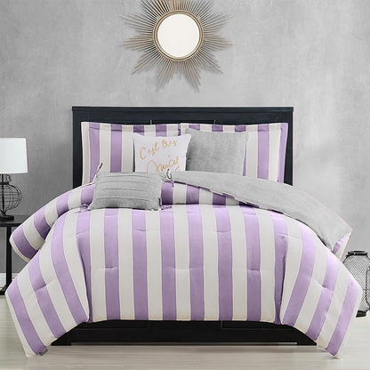Juicy Couture Cabana Stripe Reversible Bedding Set - Twin/Twin XL Size - Lavender/White Stripe Print - 5 Piece Set - Includes 1 66" x 90" Comforter, 3 Decorative Pillows, 1 Sham