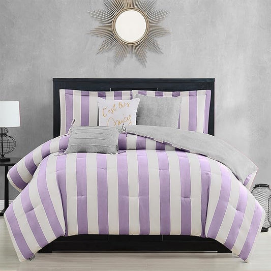 Juicy Couture Cabana Stripe Reversible Bedding Set - Queen/Full Size - Lavender/White Stripe Print – 6 Piece Set – Includes 1 90" x 90" Comforter, 3 Decorative Pillows, 2 Shams