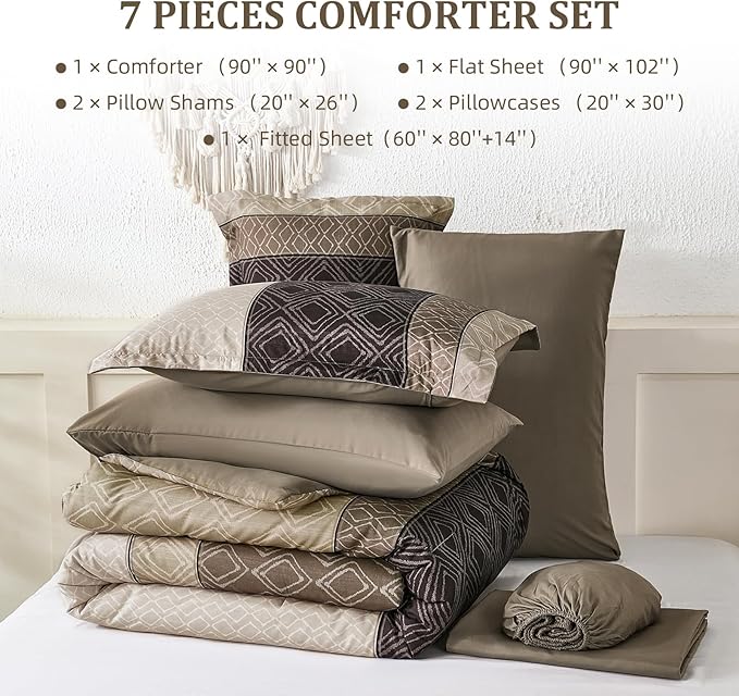 Dinjoy Boho Queen Comforter Set Light Brown,7 Piece Bed in a Bag Queen Size Warm Striped Bedding Sets with Plaid Fall Comforters Bed Set with Sheets for Family All Season