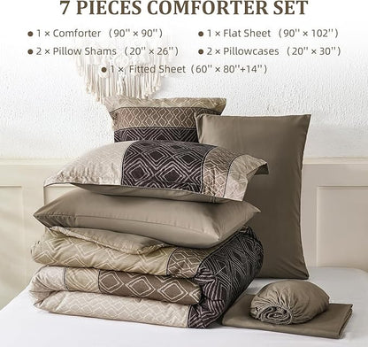 Dinjoy Boho Queen Comforter Set Light Brown,7 Piece Bed in a Bag Queen Size Warm Striped Bedding Sets with Plaid Fall Comforters Bed Set with Sheets for Family All Season