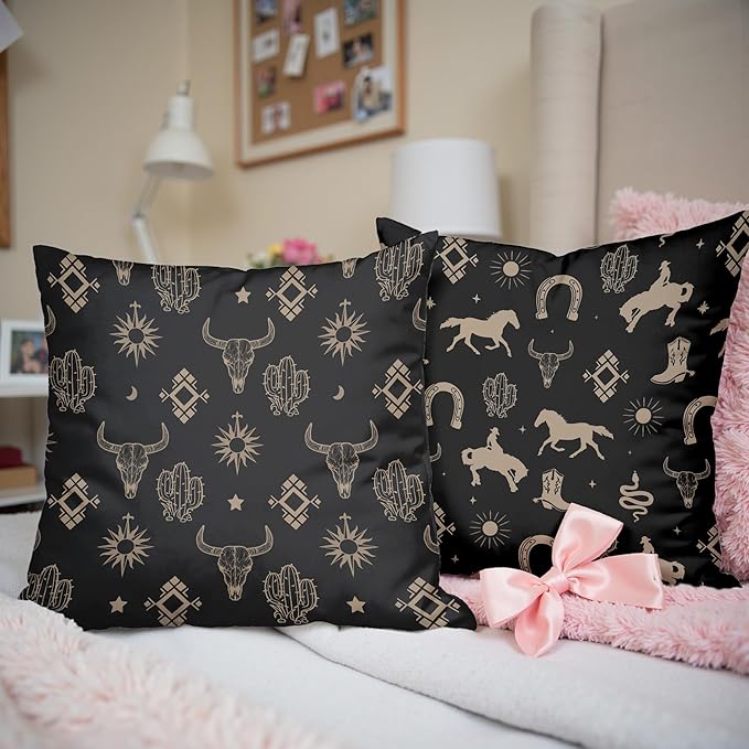 Boho Western Cow Bull Longhorn Skull Pillow Cover 18 x 18 Set of 2,with Bohemian Aztec Pillow Cover,Westen Cow Skull Bedroom Decor,Cows Decorations for Home