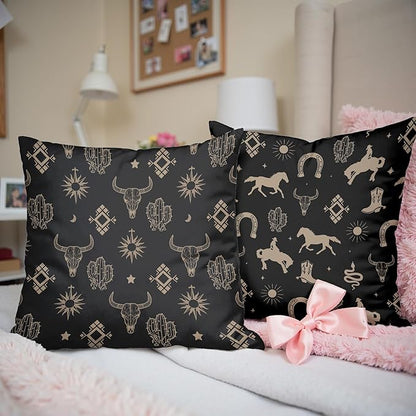 Boho Western Cow Bull Longhorn Skull Pillow Cover 18 x 18 Set of 2,with Bohemian Aztec Pillow Cover,Westen Cow Skull Bedroom Decor,Cows Decorations for Home