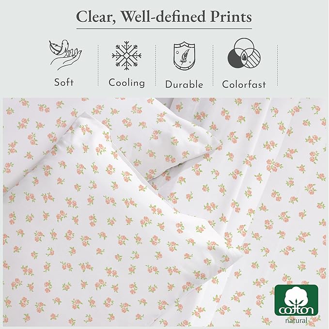 California Design Den Floral Pattern Bed Sheet Set Queen Size, 100% Cotton Sateen Deep Pocket Queen Sheets & Pillowcase Set - Chic Floral