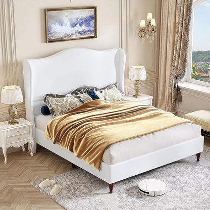 koorlian King Size Upholstered Bed Frame with 51'' Tall Headboard, White | Reinforced Platform Bed, Easy Assembly, Soft Fabric, Sleigh Wingback, Solid Wood Retro Legs, Noise-Free, Classic & Simple